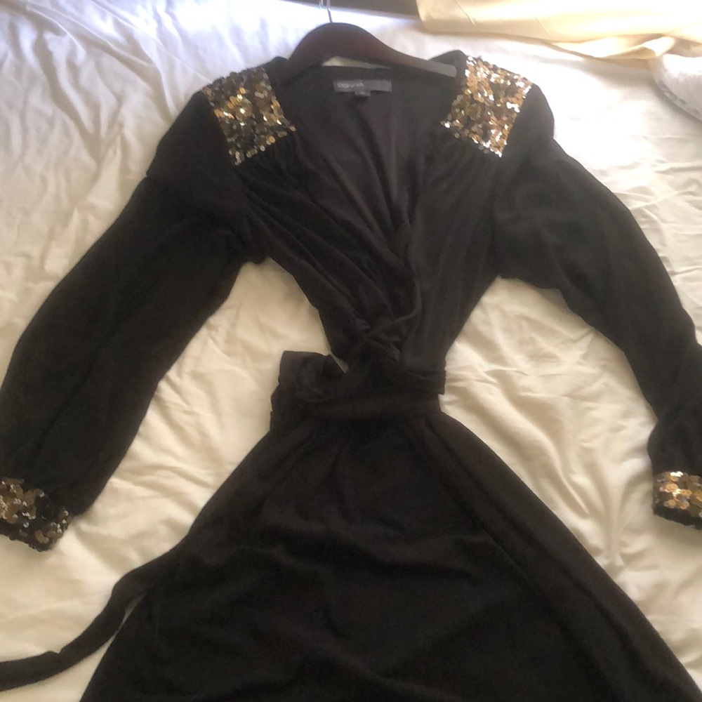 Black wrap dress with silver and gold glitter